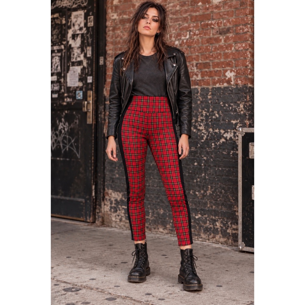 Intro Love The Fit Women Medium Slimming Leggings Red Plaid Side Stripe Grunge